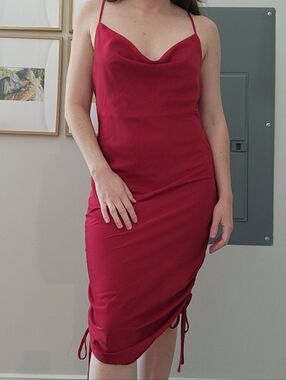 Red Illa Illa Satin Cowl Neck Midi Slip Dress With Cinched Sides